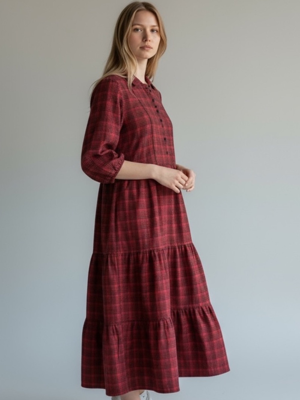 Victoria Dunn Classic Red Plaid Tartan Tiered Maxi Dress NWT Small